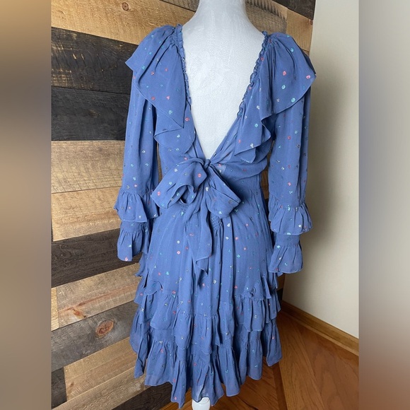 Rebecca Taylor 100% Silk Ruffle Mini Dress Glitter Gem Blue Dot Revolve, Size 8 - Picture 3 of 11